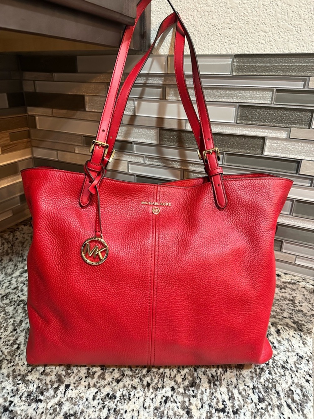 Michael Kors Red Pebbled Leather Tote with Gold MK Charm